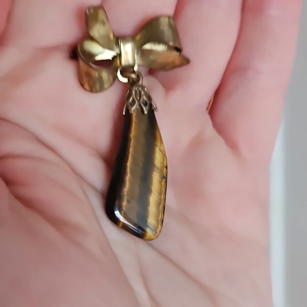 Gold Bow Pendant with Tiger's Eye Charm